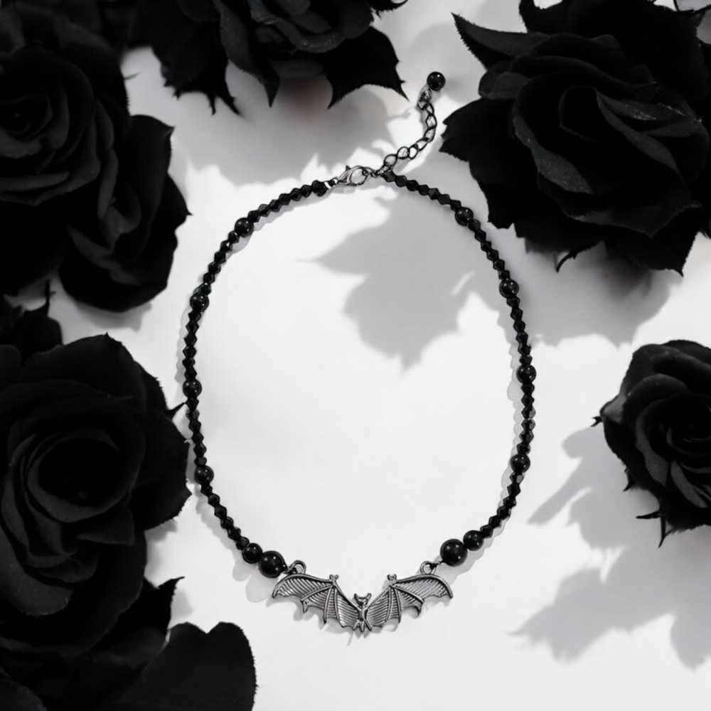 Gothic Bat‎ Pendant Black Bead Necklace, Simple Creative Design Fashion Jewelry